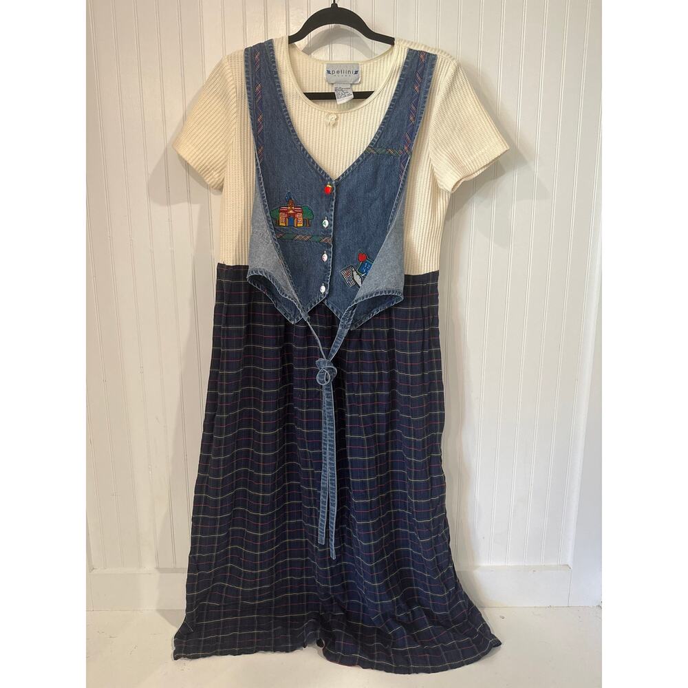 Pettini Blues Denim Embroidered Vest Plaid Vintage 90s Teacher Dress Maxi Sz 10